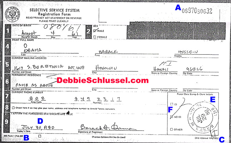 Pictured: Barack Obama’s 2008 Selective Service Card. “Blogger Debbie Schlussel has discovered solid evidence that Obama’s Selective Service registration form was submitted not when he was younger as required, but rather in 2008 and then altered to look older.” 