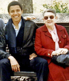 Pictured: Barrack Obama and his Grandmother, Madelyn Dunham. “Madeline Dunham was a volunteer at the Oahu Circuit Court probate department and had access to the Social Security numbers of deceased people.”  